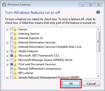 Turn Windows features on or off click OK